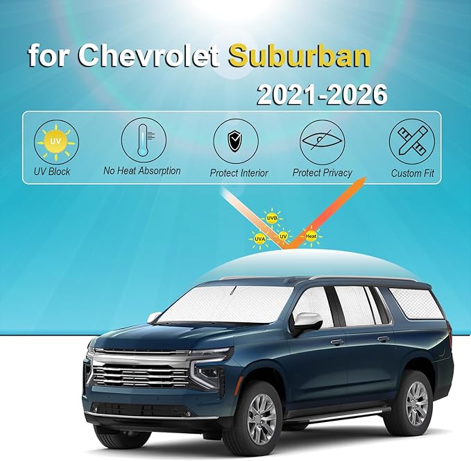 KMF 8pcs Thicken Sun Shades for Chevrolet Chevy Suburban 2021-2026 Accessories, Car Full Window Covers Sunshade for Windshield Side Rear, UV Block and Blackout Privacy for Camping Outdoor
