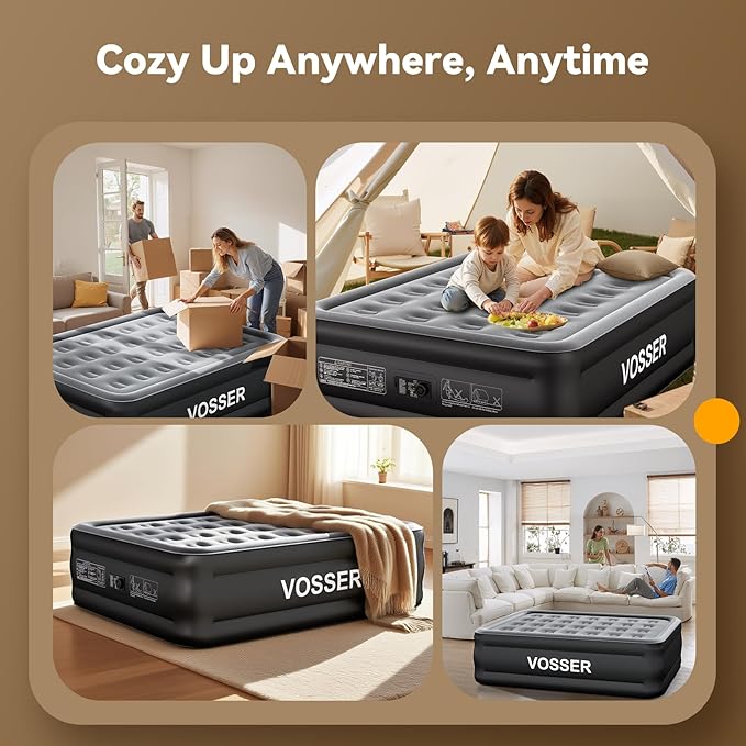 VOSSER Air Mattress Full with Built in Pump,18’’Raised Blow Up Mattress,Self Inflatable Mattress in 3 Mins,Portable Air Bed for Home,Floor&Travel,Full Size Air Mattress for Adults 660LB Max,Black
