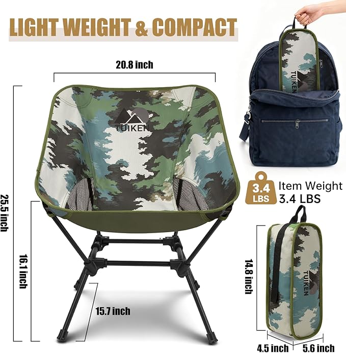 Ultralight Camping Chair Backpacking Chair, Portable Camp Chair with Cup Holder & Storage Bag, Lightweight Compact Folding Chair for Hiking, Travel, Picnic Mountaineering (Camo)