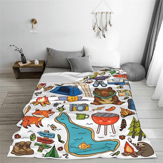 Camping Blanket, Comfort Soft Flannel Camping Throw Blanket, Ideal for Living Room and Bedroom Decor White, Perfect Loves Camping Blanket for Everyone 80"X60"