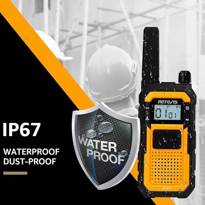 Retevis RB48 Walkie Talkies Long Range, MIL-STD 810H Heavy Duty Two Way Radios with Earpiece, IP67 Waterproof, 2000 mAh, Dual PTT, Vibration Call, 2 Way Radio for Jobsite (4 Pack)