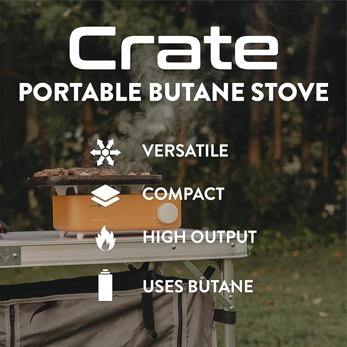 Gas One Butane Fuel Camp Stove – Crate Series - Mini Stove for Camping, Hiking – Portable Gas Stove with Spiral Flame – Even Heat Distribution – Modern and Easy to Use (Orange)