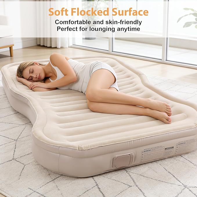 KMZ SUV Air Mattress with Built-in Pump & 2 Pillows, Thickened Flocked PVC, Quick 90-Seconds Inflation Air Bed, Portable & Durable Car Air Bed for Camping, Travel, Truck (Khaki)