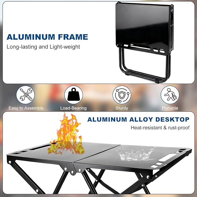 Tactical Camping Table, Collapsible Table Lightweight with Carry Bag, Durable Carbon Steel Outdoor Picnic Table for Camping, Travel expeditions, Hiking, Picnics, BBQs & Beach Trips - Black