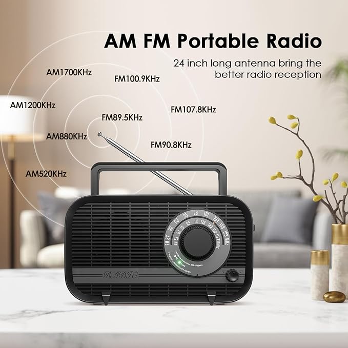 AM FM Portable Radio Plug in Wall or Battery Operated Radio with Best Reception,Bluetooth,Headphone Jack,Large Dial Easy to Use for Seniors Elderly Black