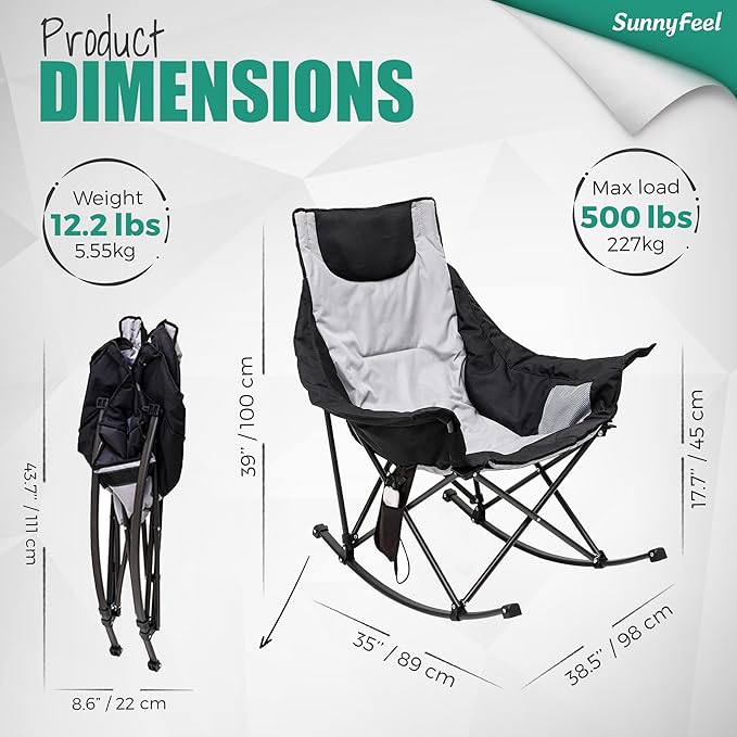 SUNNYFEEL Oversized Heated Rocking Camping Chair 2 Pack, Fully Padded Patio Chair with Side Pocket, High Back Portable Lawn Recliner with Carry Bag, Outdoor Rocker Chair for Adults Heavy Duty 500 LBS