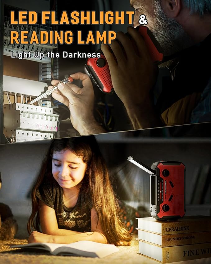 PRUNUS J-369 11100mWh Emergency Weather Radio, AA Batteries/Hand Crank/Solar/USB Charging, NOAA/AM/FM, LED Flashlight and Reading Lamp,SOS Alarm & Flashlight Portable