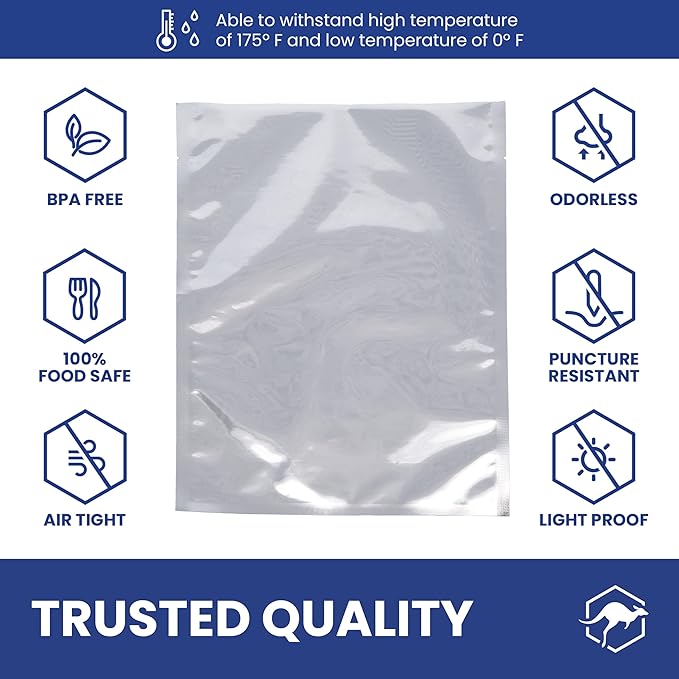 Wallaby 50 Count 1-Gallon Mylar Bags with Labels, 10 Mil Total Thickness Long-Term Food Storage Pouches, 10x14 Heat-Sealable Airtight Packaging - Silver