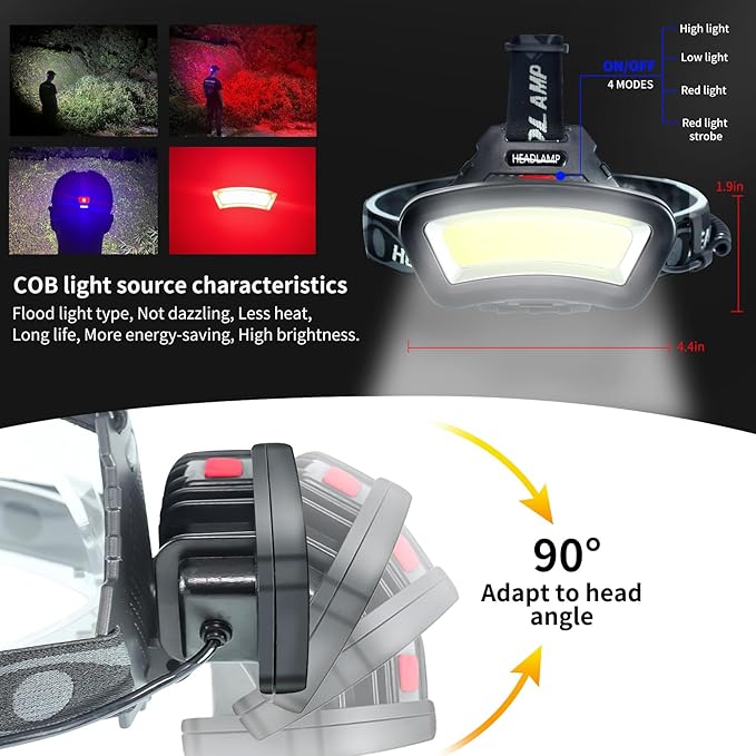 Headlamp LED Headlight Rechargeable 22000 High Lumen USB Head Light, Head Lamp COB Floodlight with Red Light for Adults - Night Fishing, Construction, Maintenance - 90° Adjustable