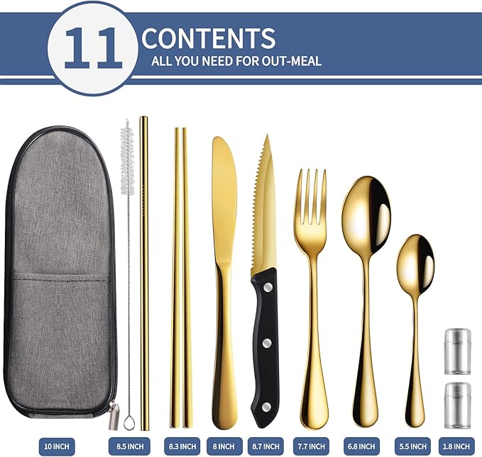 Logcow Travel Utensils with Case,Reusable Utensils,Portable Travel Camping Cutlery Set,Stainless Steel Flatware Set,Lunch Boxes Workplace Camping School Picnic (Gold)