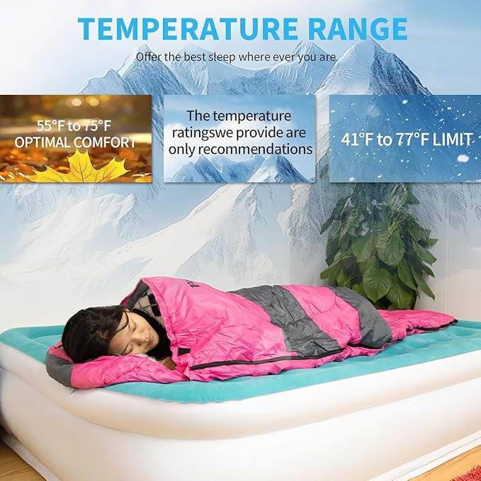 Sleeping Bags, Camping Sleeping Bag for Adults, 3 Season Warm & Cool Weather, Lightweight Waterproof Sleeping Bags for Indoor Outdoor Camping Traveling Backpacking, Pink/Blue/Black