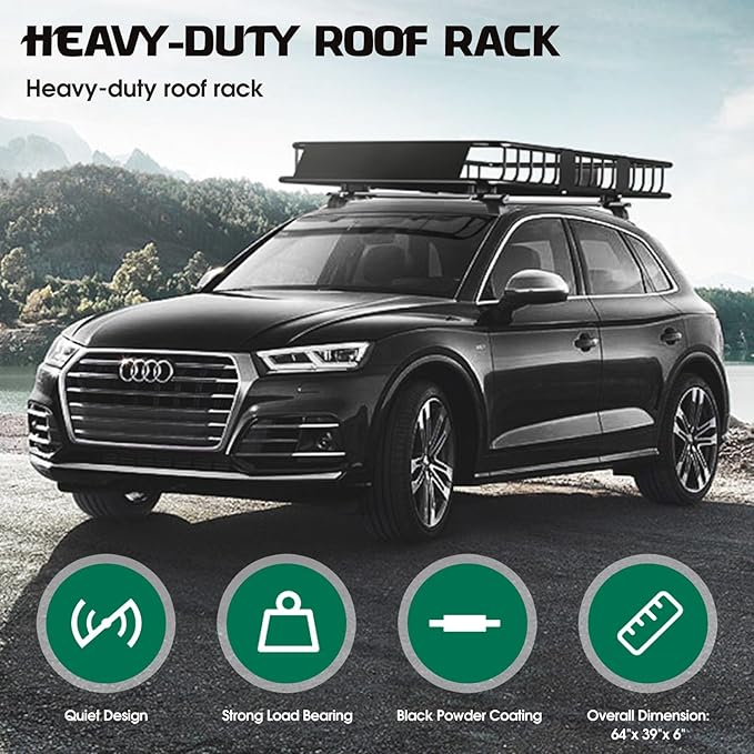 FORWODE 250LBS Universal Roof Rack Basket, 64"x39"x6" Rooftop Cargo Carrier Rack + Waterproof Cargo Bag 15 Cubic Feet(43"x34"x17") and Cargo Net, Ratchet Straps
