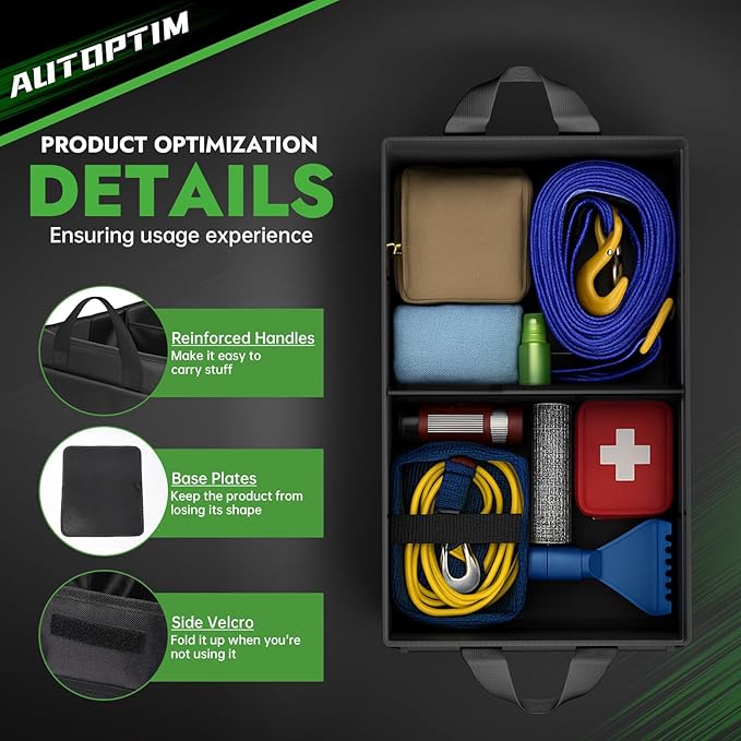AUTOPTIM Car Trunk Organizer - 50L Collapsible Car Organizer with Non Slip Bottom for Groceries, Trunk Storage with Base Panel for SUV Sedan Van, 2 Compartments (Black, Small)