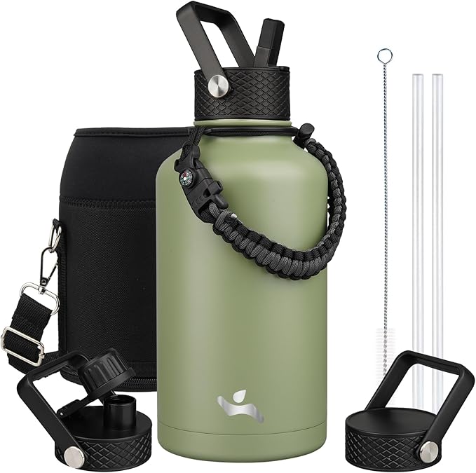 Konokyo Half Gallon Insulated Water Bottle with Straw,64 oz 3 Lids Water Jug with Carrying Bag,Paracord Handle, Double Wall Vacuum Stainless Steel Metal Flask,Camp Green