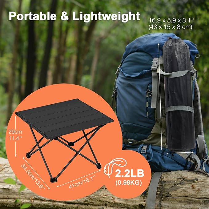Small Folding Camping Table with Carry Bag, Portable Ultralight Compact Aluminum Beach Table, Foldable Mini Collapsible Camp Tables for Hiking Picnic Travel Cooking Outdoor, Black