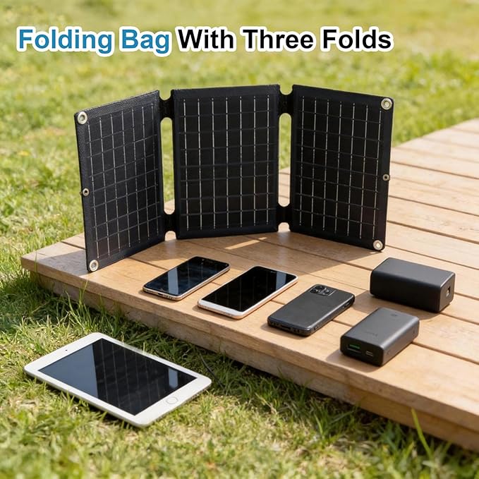 20W Portable Foldable Solar Panel, 3-Fold Solar Charger with USB QC3.0 & DC Outputs, lPx4 Waterproof Solar Panel Charger for Camping, Hiking, Portable Source, Emergency Power Outage