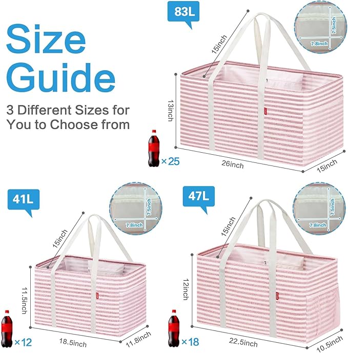 LHZK Standing Extra Large Utility Tote Bag with Metal Wire Frame and the Sides Rinforced, Extra Large Tote Bag with Handle, Reusable Grocery Bags Foldable, Beach Bag, Car Tote (Pink, 26''x15''x13'')