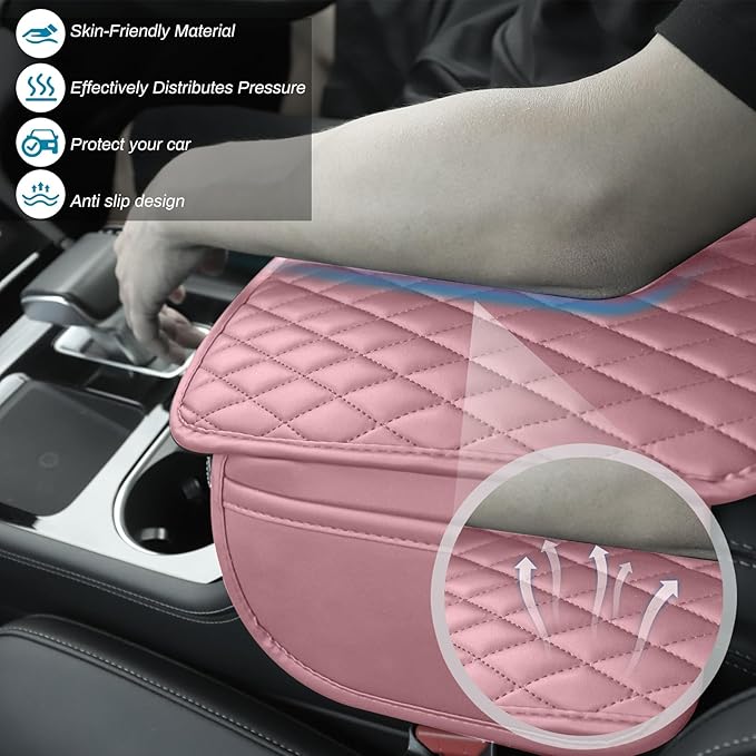 Car Center Console Cover, Upgraded Microfiber Leather Car Arm Rest Cover with 2 Storage Bags, Universal Armrest Cover for Car Storage Box Car Interior Accessories Protector for Most Vehicle-Pink
