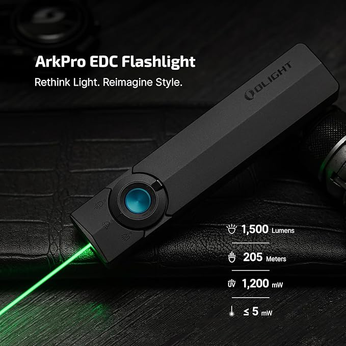 OLIGHT ArkPro EDC Flat Flashlight Rechargeable with Green Beam, UV and White LED,1500 Lumens USB-C Pocket Camping Flashlight, Spotlight Floodlight for Outdoor Emergency Working (Black NW)