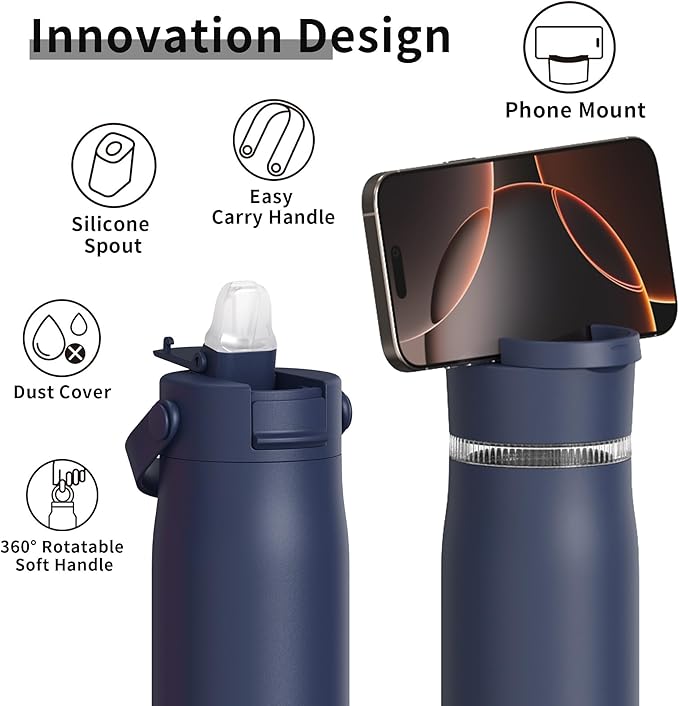 LISI 24oz Insulated Water Bottle, Double Wall Stainless Steel Water Bottles with Straw, 100% Leak-Proof Travel Thermal Canteen Mug with 2 Lids (Straw, Phone Holder Lid)