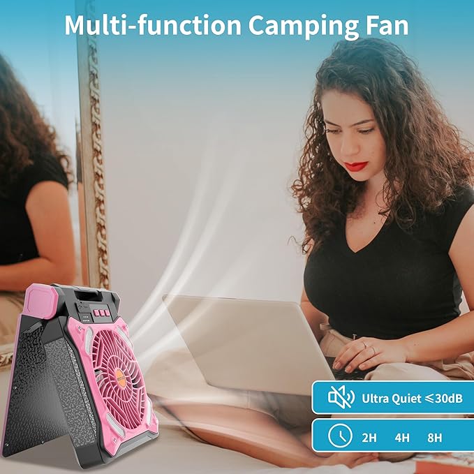 WESTTREE Solar Fan Battery Powered Rechargeable Solar Camping Fan with Led Lantern & Power Bank Foldable Angle USB Personal Fans for Travel Outdoor Camping Tents X98 Pink