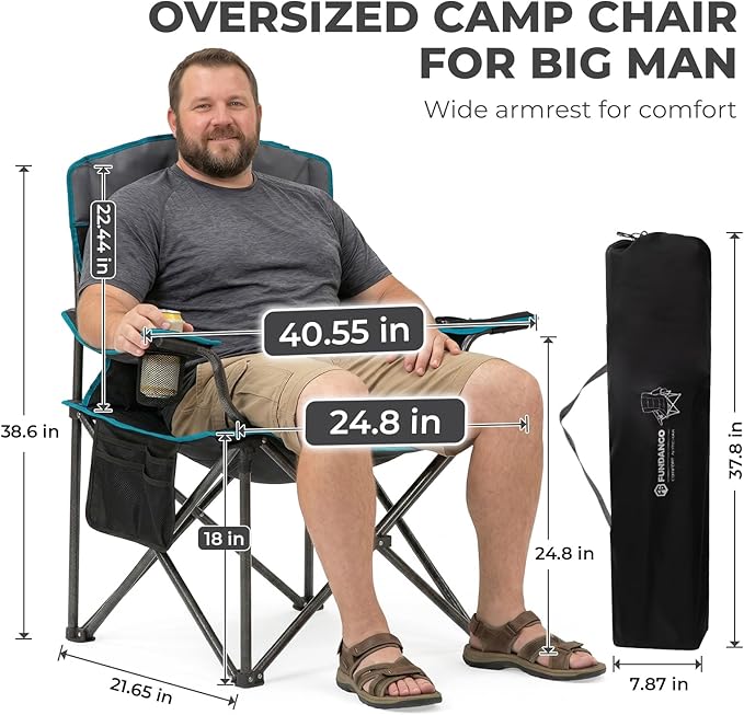 FUNDANGO Oversized Camp Chair, 2 Pack,550lbs Heavy Duty Portable Foldable Lawn Chair with Padded Lumbar Support Seat & Back, 4-can Cooler & Cup Holder, Carry Bag Included for Outdoor (Black/Grey)