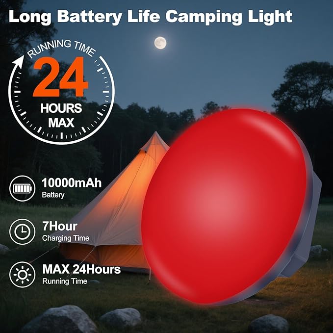 2025 Red Light Insect-Proof Camping Lamp10000mAh Rechargeable 3000LM Tent Camping Light, 6500K 24Hours Long Play Time , Outdoor Night Market Night Fishing Lantern (red（Remote）)
