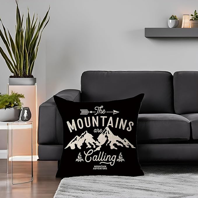 The Mountains are Calling Adventure Arrow Campfire Outdoor Adventure Mountain Forest Trees Throw Pillow Cover Cushion Case Cotton Linen Material Decorative 18X18 inches