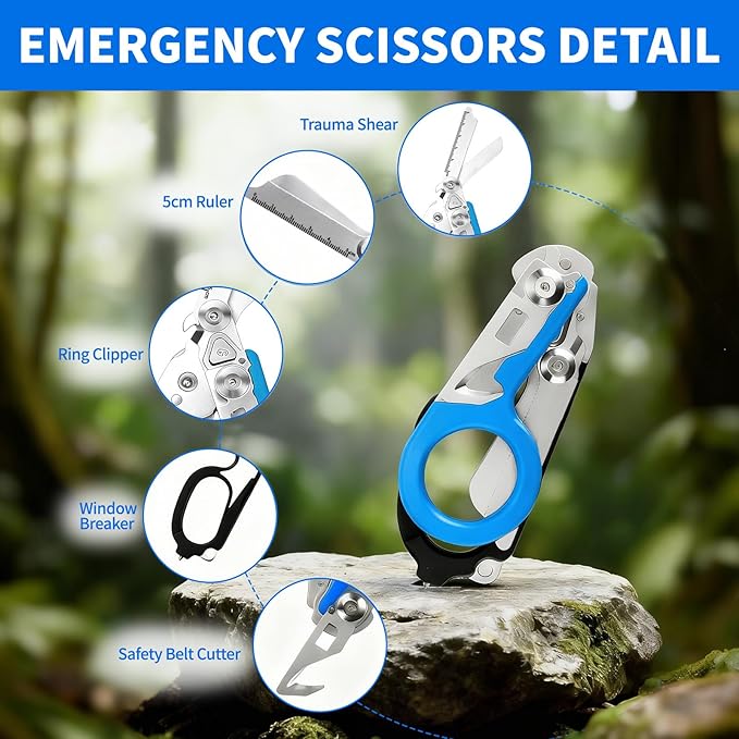 Folding Trauma Shears for EMT Accessories, 6 in 1 Multi-function Medical Shears with Holster for Outdoor Camping, Emergency Rescue, First Responders (Black-Blue)