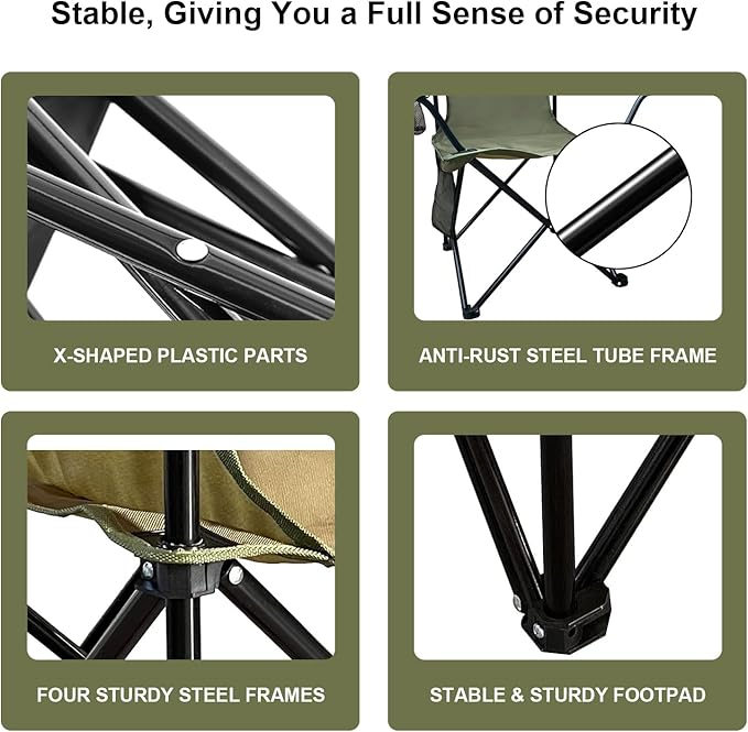 Folding Camping Collapsible Chairs Heavy Duty Lawn Chair with Cooler Bag, Storage Pocket, Waterproof Bag Outdoor Arm Chair, Supports 225LBS, Green