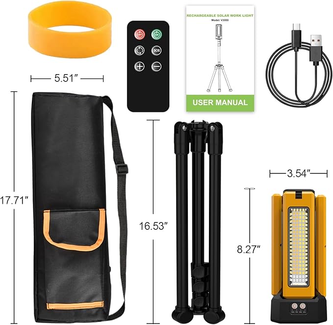 13200mAh Rechargeable Solar Work Light with Folding Stand and Carrying Bag, AODOO 8000 Lumen Stepless Dimmable , White/Warm/Nature White/RED(SOS) with Detachable Tripod (Orange(Remote))
