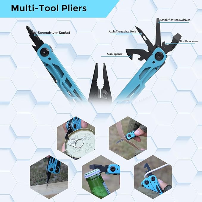 Multitool with Pocket Knife, 25-in-1 Stainless Steel Pliers and Screwdriver, Self-locking Multi-tool EDC Gear with Sheath, Suitable for Camping and Hiking (Powderblue)
