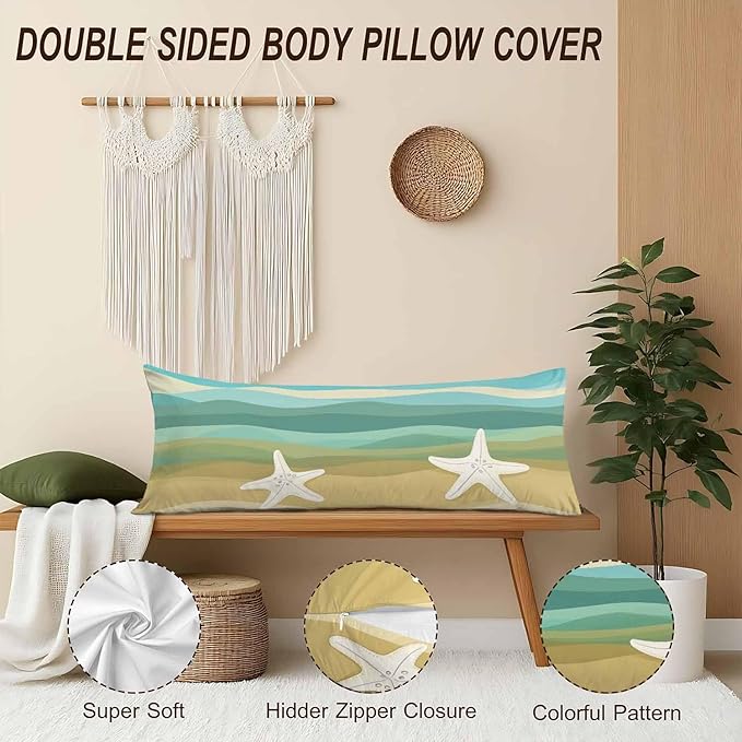 Ocean Decorative Body Pillowcase 20"X54", Abstract Sea Starfish Outdoor Body Pillow Covers Throw Pillow Cushion Covers Oversized Body Pillow Cases for Home Patio Office, Blue Beige