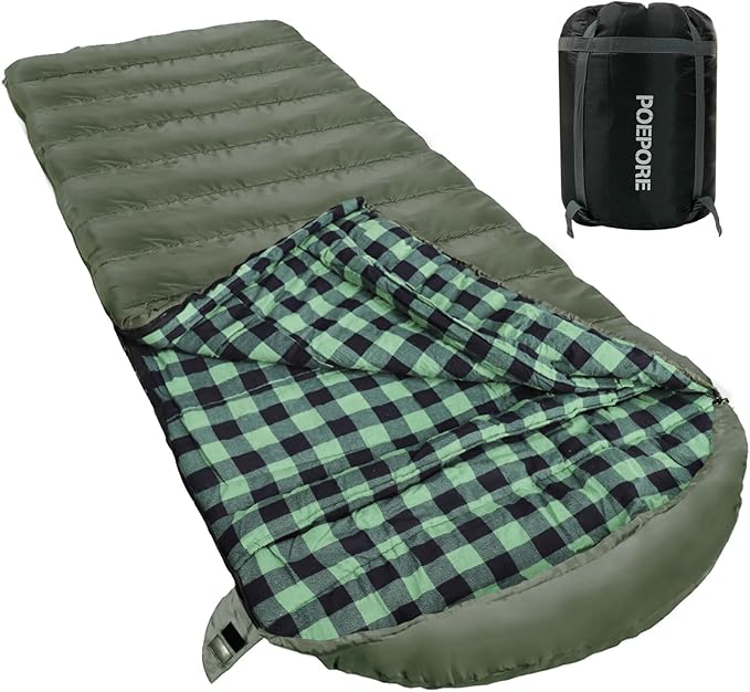 0 Degree Sleeping Bag 100% Cotton Flannel XXL Cold Weather Winter Oversized Sleeping Bag for Adults Camping Zero Degree Big and Tall with Compression Sack