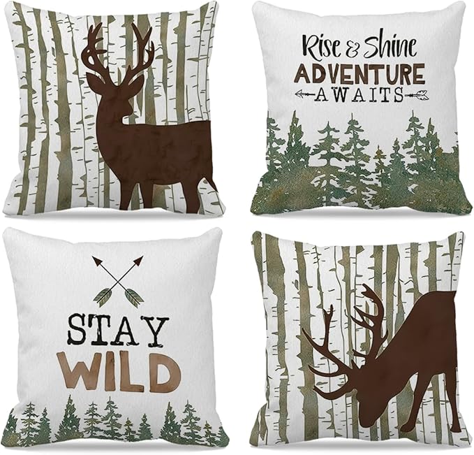 Cabin Decor Pillow Covers 18x18 Set of 4,Cabin Throw Pillows,Log Cabin Decor,Farmhouse Rustic Pillow Covers,Camping Pillow,Camping Decor,Nursery Decor for Boys,Throw Pillow Case