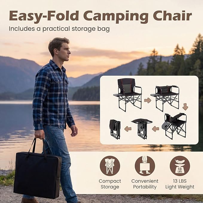 GYMAX Oversized Camping Directors Chair, Portable Folding Camping Chairs for Adults with Table, Heavy-Duty Lawn Chair for Fishing, Picnic, Sports, Beach, Outdoor, Supports 500LBS (Black)