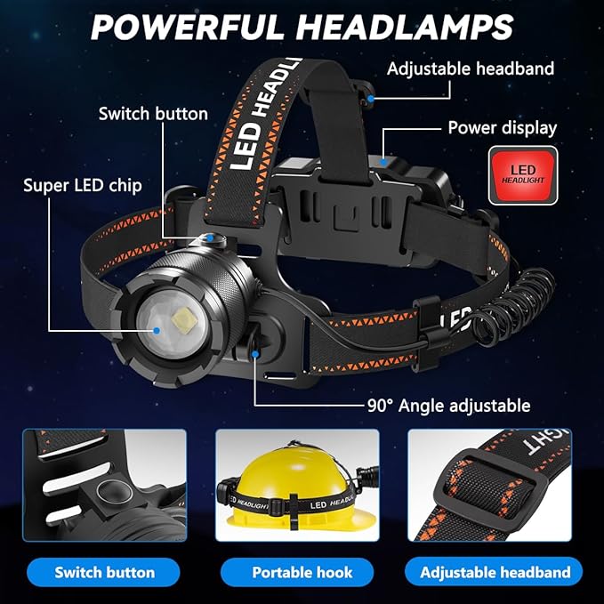 KYEKIO 6Pack Rechargeable Headlamps for Adults, 3000L Super Bright Head Lamps LED Rechargeable, 4Mode Head Lights for Forehead Hard Hat, Adjustable Focus 90°Headlight, Waterproof LED Headlamp Camping