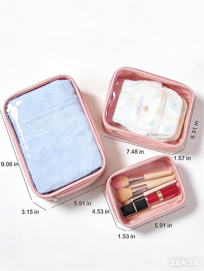 Travel Clear Makeup Bag Set for Women, 3 Pack Travel Size Toiletry Bag with Zipper Small Makeup Pouch for Purse Waterproof Portable Cosmetic Case Compact Car Organizer Storage Bag (Pink Set)