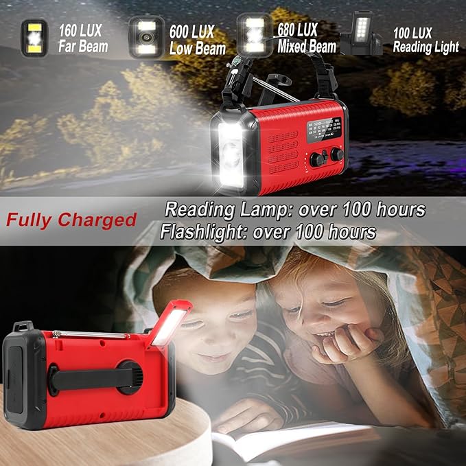 Emergency Hand Crank Radio, NOAA Weather Radio, 20000mAh Rechargeable Solar AM/FM Radio, Portable USB-C Fast Charger, Flashlight, Reading Lamp SOS Alarm for Hurricane Storm Camping Hiking (Red)