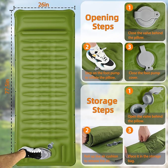 Camping Sleeping Pad, Extra Thick 5.1 Inch Self Inflating Camping Pads with Ultralight Sleeping Bag Liner, Camping Mat with Pillow & Foot Pump for Outdoor Hiking, Backpacking, Travel (Green)
