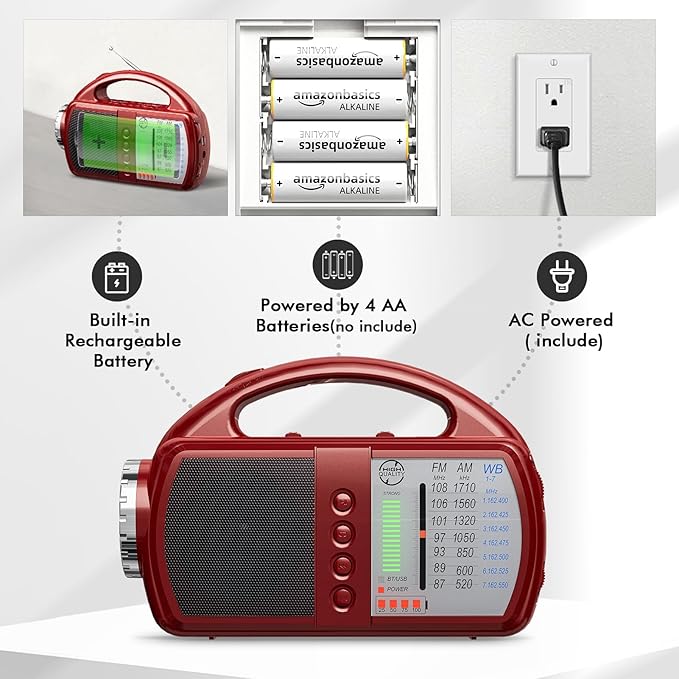 AM/FM/NOAA Weather Radio with Bluetooth Rechargeable Emergency Radio Built-in Rechargeable Battery or 4 AA Battery Operated & AC Power Plug in Wall for Home Camping RED