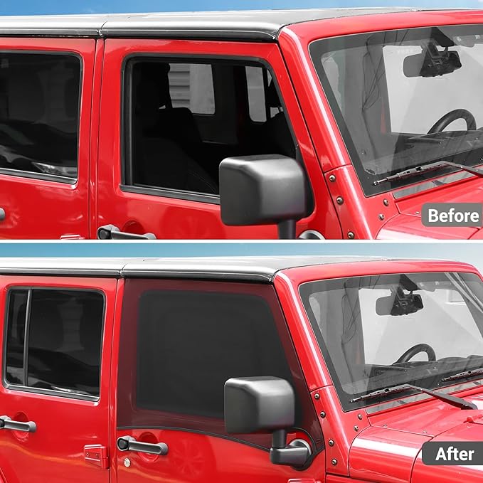 Hoolcar Front Window Sun Shade Covers Elasticized Breathable Mesh Car Side Window Screens Net UV Protection Sunshade with Storage Bags for 1997-2024 Jeep Wrangler TJ JK JL & Gladiator JT,2PCS