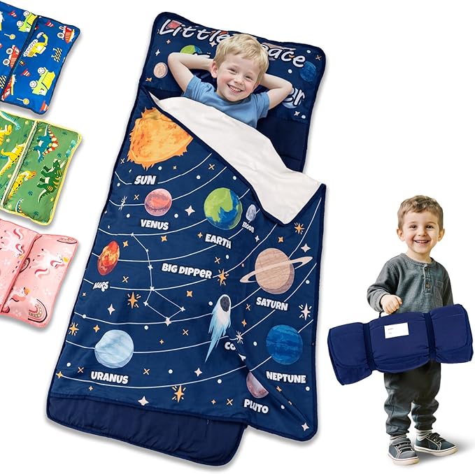 Primlect Lightweight Toddler Nap Mat, Portable Rolled Design Perfect for Daycare Travel, 51”x31 All-in-One Sleeping Bag with Removable Pillow and Fleece Blanket for Boys Girls, Machine Washable
