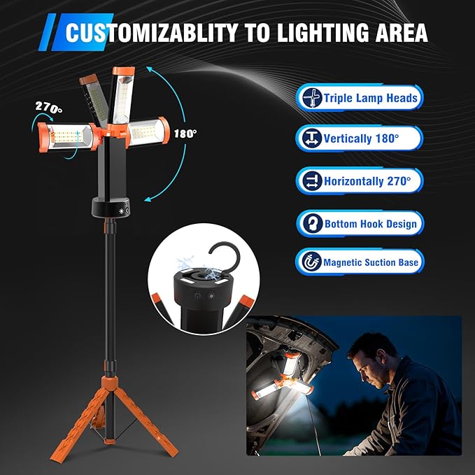 AKOFUN 12000mAh Camping Light with Stand, Rechargeable Work Light, 10000 Lumen Dimmable Cordless Work Light with 3 LED Lamp Heads, Magnetic Emergency Flashlight with 79" Detachable Tripod