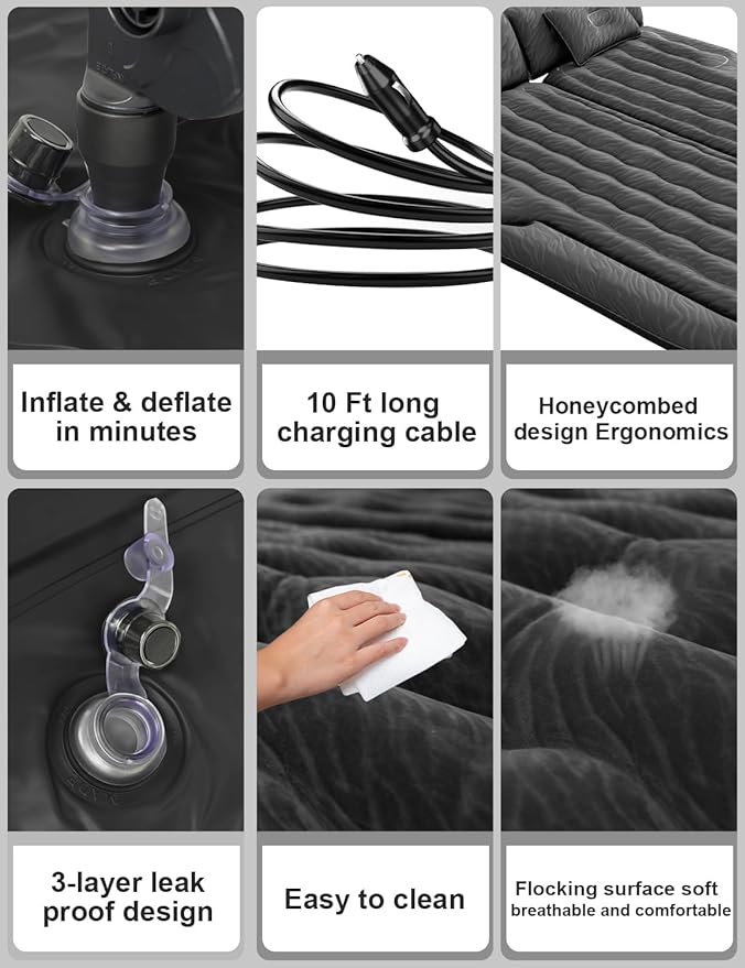 Umbrauto SUV Air Mattress for Back Trunk Folded Backseat, Inflatable Car Camping Bed for Sleeping Travel, Flocked Surface Reinforced Bottom Fits Most Size SUVs with Pump, Pillows, Carry Bag