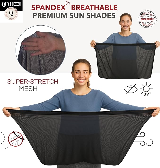 ML/Car Window Sun Shades (9 Sizes) for Large Cars & SUVs - Heat-Blocking Mesh Screens to Protect Back Seat from Sun, UV & Bugs, Cooler Travel for Kids, 2-Pack by Qualizzi