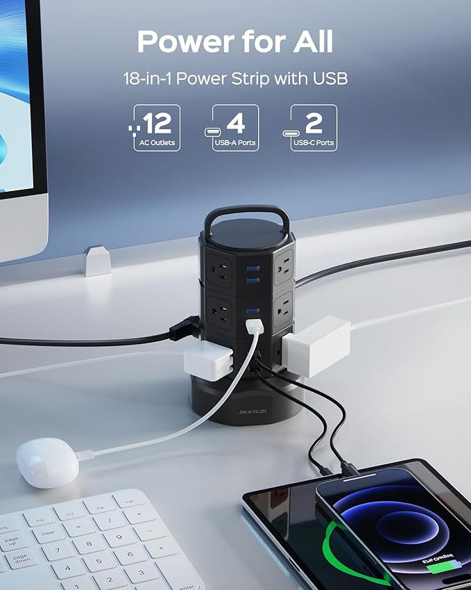 Power Strip Tower Surge Protector, JACKYLED 1625W 13A Outlet Surge Electric Tower, 12 Outlets 6 USB Ports Charging Station with 16AWG 6.5ft Heavy Duty Extension Cord for Home Office Dorm Black