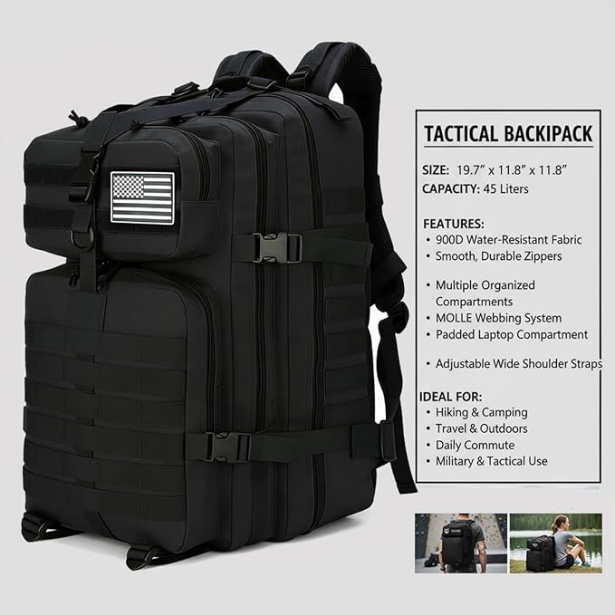 45L Military Tactical Backpack for Men & Women Bug Out Bag Assault pack Molle Daypack Hiking Trekking Rucksack(45L black)