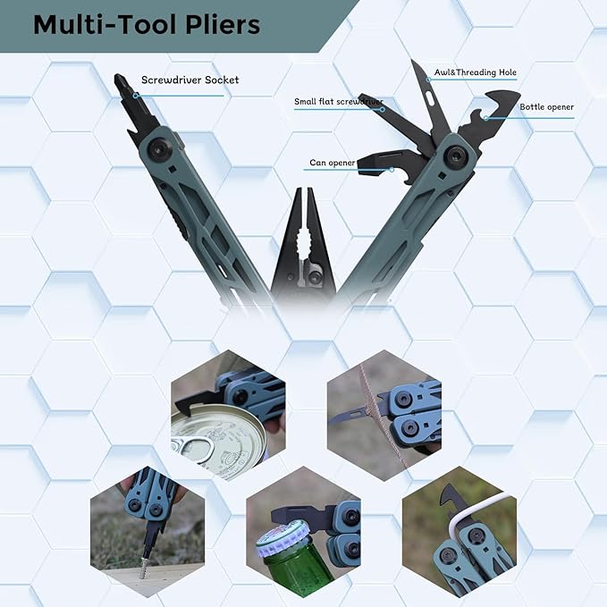 Multitool with Pocket Knife, 25-in-1 Stainless Steel Pliers and Screwdriver, Self-locking Multi-tool EDC Gear with Sheath, Suitable for Camping and Hiking (Greyblue)