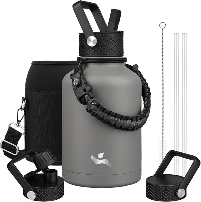 Konokyo Insulated Water Bottle with Straw,50 oz 3 Lids Water Jug with Carrying Bag,Paracord Handle,Double Wall Vacuum Stainless Steel Metal Flask,Gray